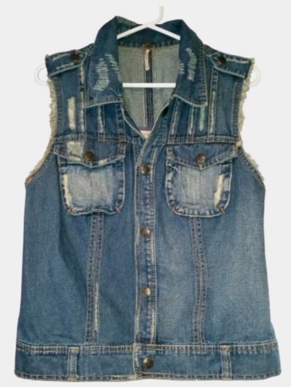 Free People Denim Vest M Distressed Crochet Back